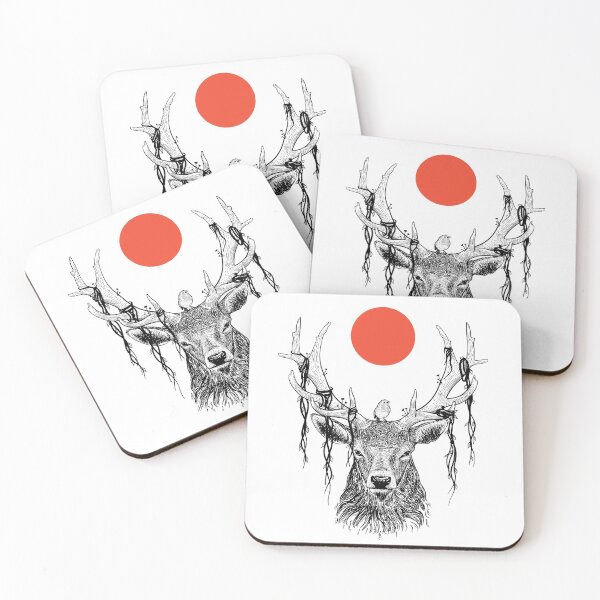 Item preview, deer in wildlife with cute bird and red moon designed and sold by mituturi.