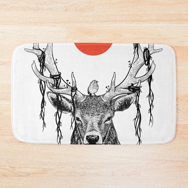 Item preview, deer in wildlife with cute bird and red moon designed and sold by mituturi.