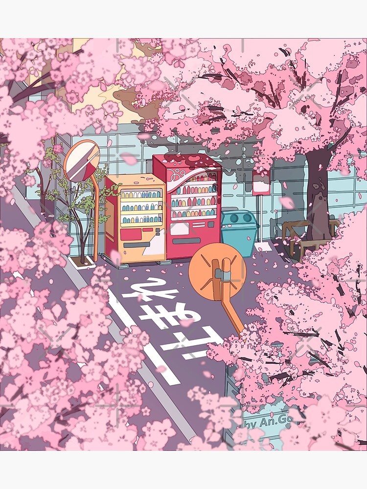 Thumbnail 3 of 3, Poster, A beautiful aesthetic Tokyo street and the pink sakura tree blossom designed and sold by AnGoArt.