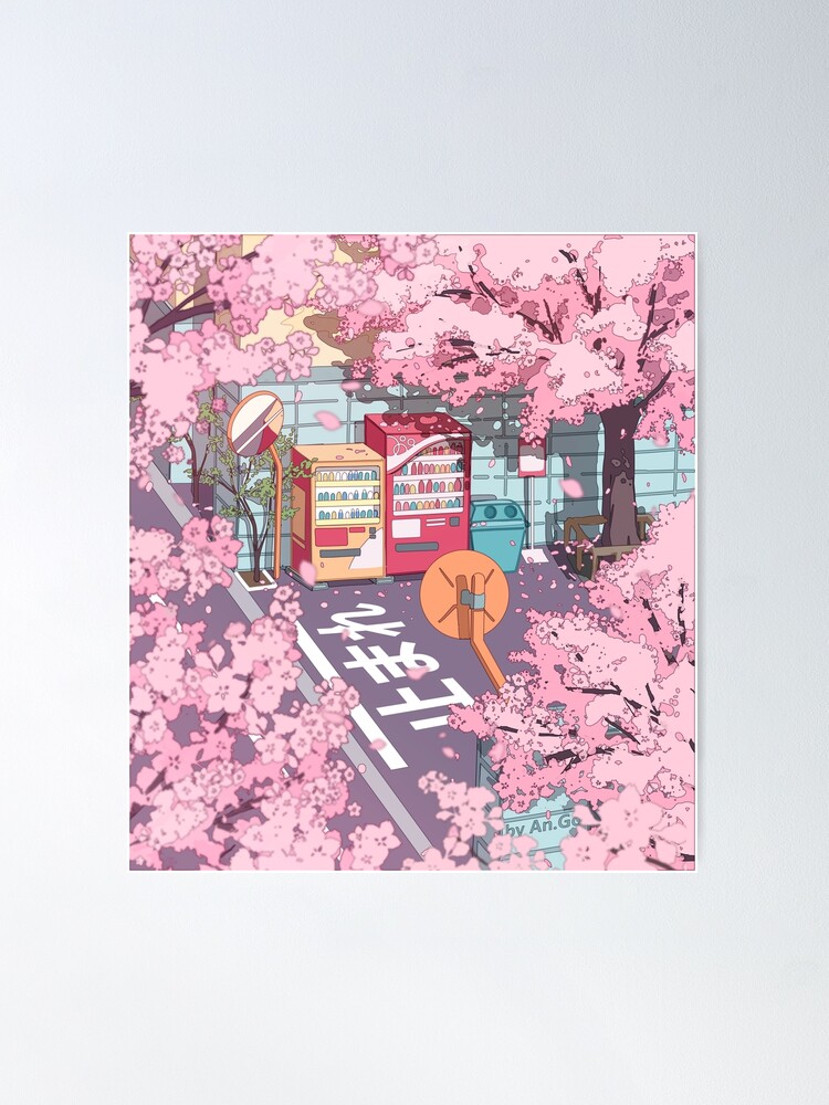 Thumbnail 1 of 3, Poster, A beautiful aesthetic Tokyo street and the pink sakura tree blossom designed and sold by AnGoArt.