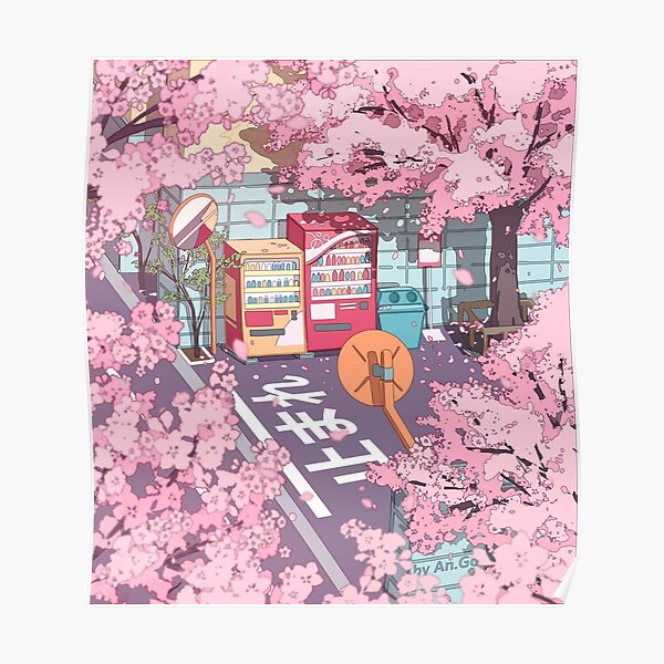 A beautiful aesthetic Tokyo street and the pink sakura tree blossom Poster