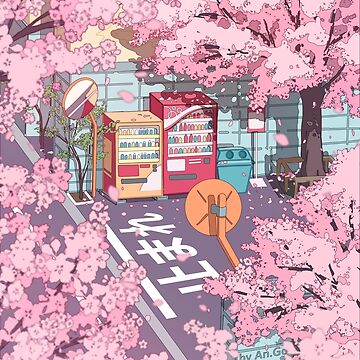 Artwork thumbnail, A beautiful aesthetic Tokyo street and the pink sakura tree blossom by AnGoArt