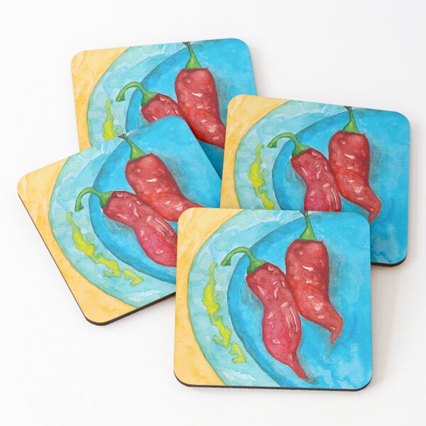Item preview, Red Chillies on a Blue Plate in Watercolour designed and sold by Julie Pickering.