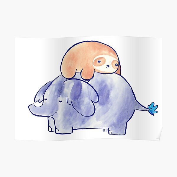 Little Sloth And Elephant Watercolor Poster By Saradaboru Redbubble