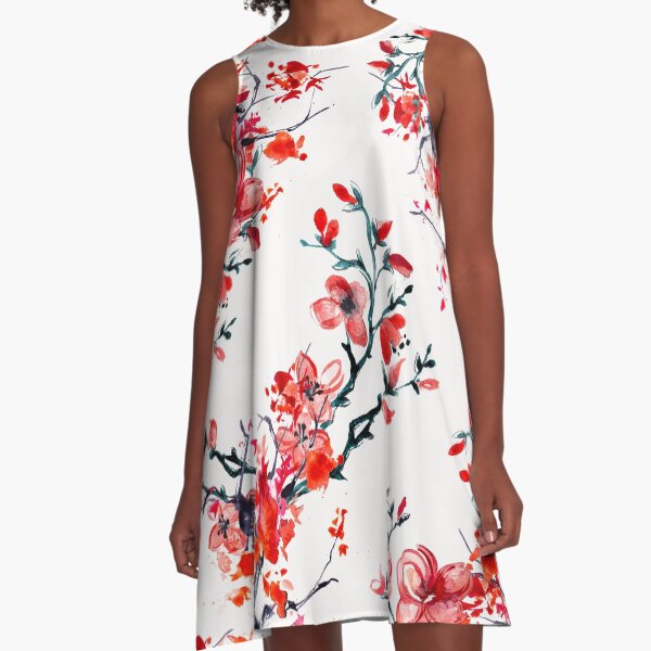 Rote Kirschblüte A-Linien Kleid