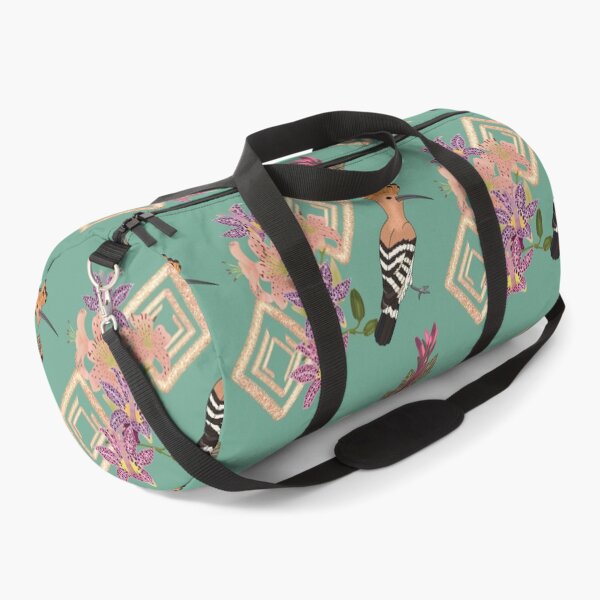 Item preview, Art deco style design with birds and flowers, featuring the Eurasian Hoopoe bird, tiger lily, raspberry mousse toad lily, canna pink sunburst, green designed and sold by Naty Design Prague.