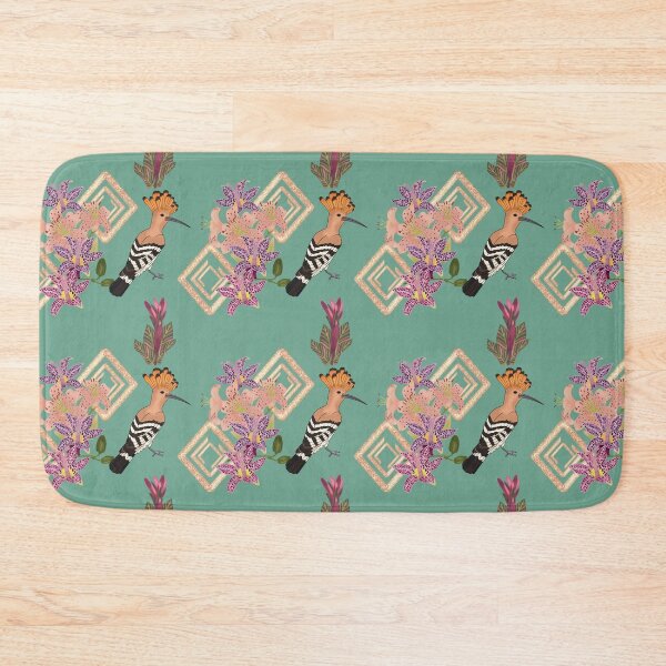 Item preview, Art deco style design with birds and flowers, featuring the Eurasian Hoopoe bird, tiger lily, raspberry mousse toad lily, canna pink sunburst, green designed and sold by Naty Design Prague.