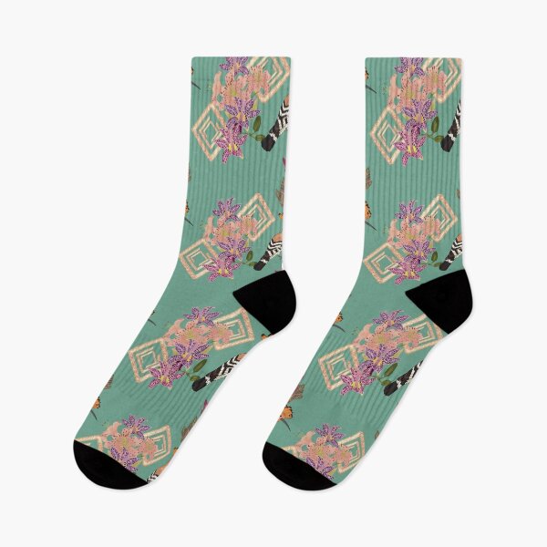 Item preview, Art deco style design with birds and flowers, featuring the Eurasian Hoopoe bird, tiger lily, raspberry mousse toad lily, canna pink sunburst, green designed and sold by Naty Design Prague.