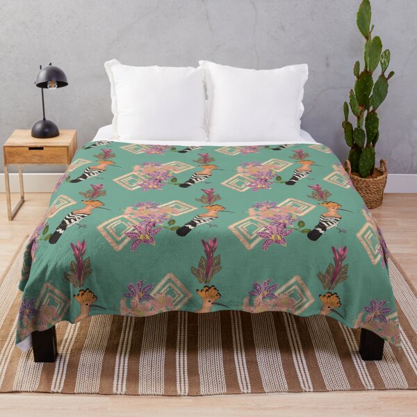 Item preview, Art deco style design with birds and flowers, featuring the Eurasian Hoopoe bird, tiger lily, raspberry mousse toad lily, canna pink sunburst, green designed and sold by Naty Design Prague.