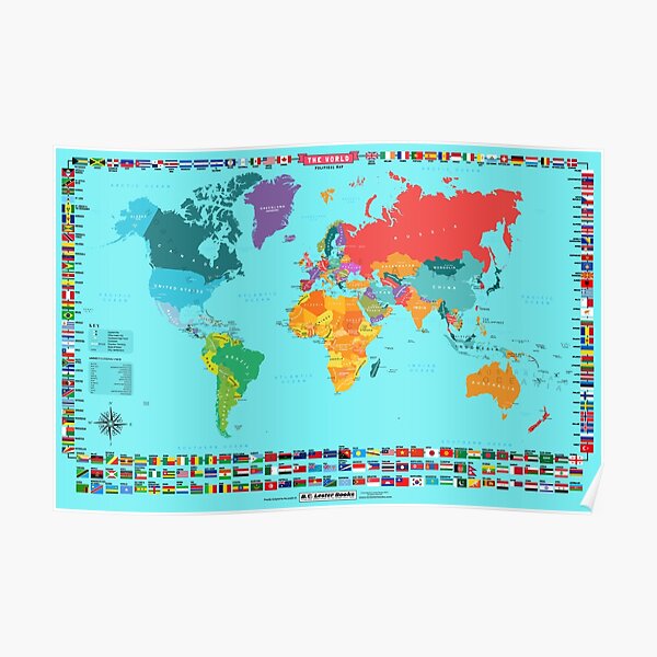 Detaillierte Weltkarte mit Landflaggen Poster