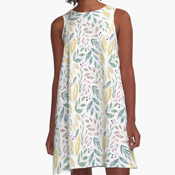 Hojas y Frutos pintados con Acuarela - Diseño delicado y suave Vestido acampanado