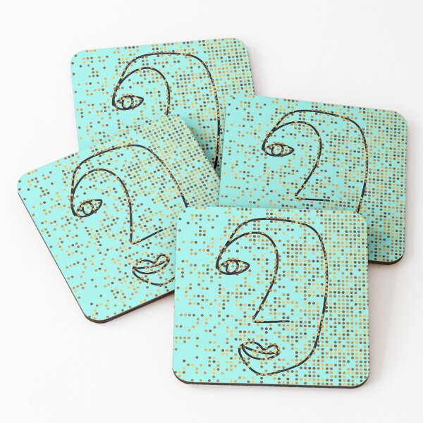 Item preview, # 173 - Hugo. Face of a minimalist line drawing on a blue and glittery background - Kook Art designed and sold by KookArt.