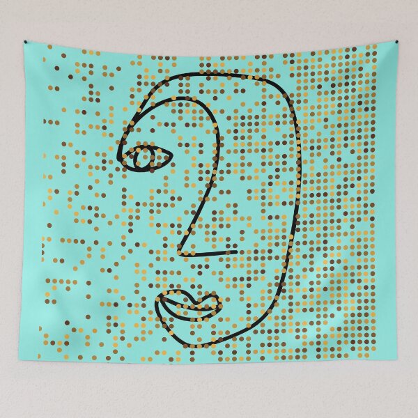 Item preview, # 173 - Hugo. Face of a minimalist line drawing on a blue and glittery background - Kook Art designed and sold by KookArt.