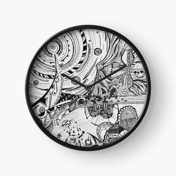 Earth and Space Line Art Black and White Clock