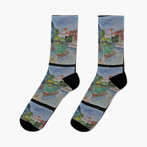 Item preview, Lake Village Cute Town Barco de madera Pintura a la acuarela designed and sold by WatercolorStore.