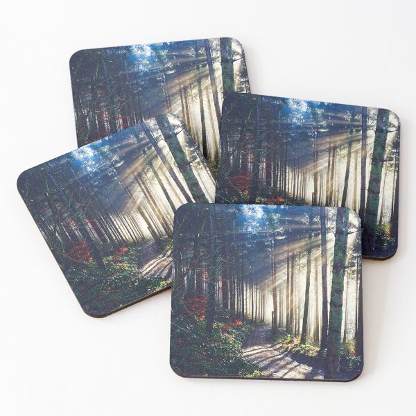 Item preview, A path running past sun beams in the mist in a Swiss forest designed and sold by Michael Brewer.