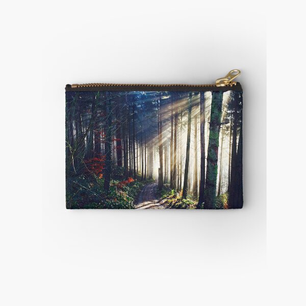 Item preview, A path running past sun beams in the mist in a Swiss forest designed and sold by Michael Brewer.