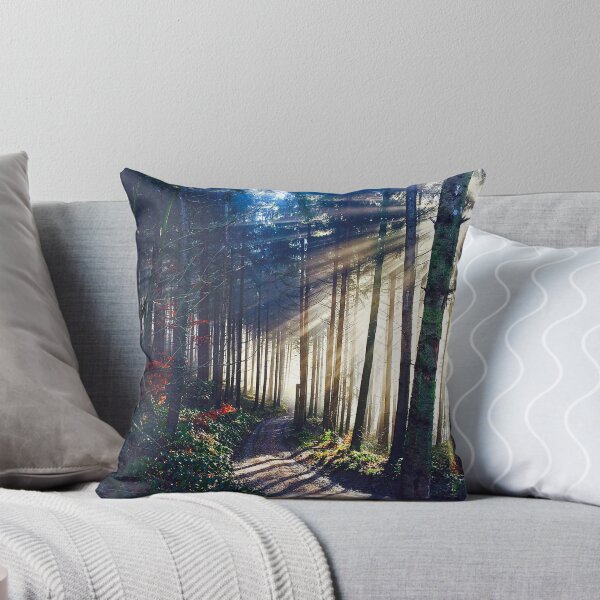Item preview, A path running past sun beams in the mist in a Swiss forest designed and sold by Michael Brewer.