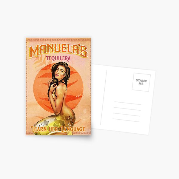 Item preview, "Manuela's Tequilera: Learn Her Language" Vintage Pinup Girl Mermaid Tequila Ad Wall Art designed and sold by The Whiskey Ginger Design Shop.