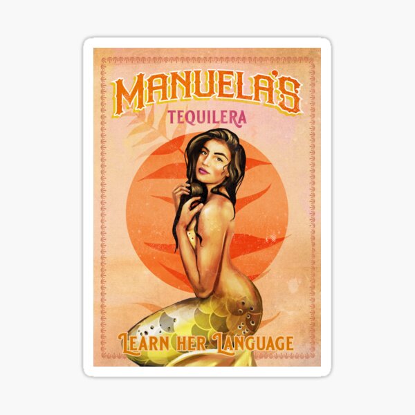 Item preview, "Manuela's Tequilera: Learn Her Language" Vintage Pinup Girl Mermaid Tequila Ad Wall Art designed and sold by The Whiskey Ginger Design Shop.