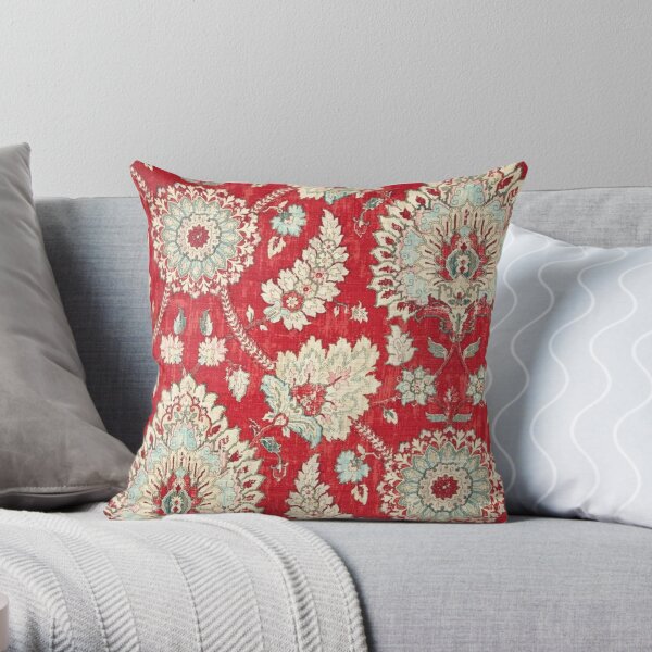 Floral, Brocade, Tapestry, Bold Red Gold Moroccan Print Throw Pillow