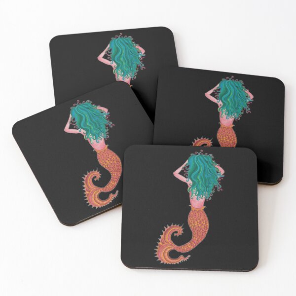 Item preview, Green and Red-Orange Watercolor Mermaid designed and sold by HeatherNafeArt.