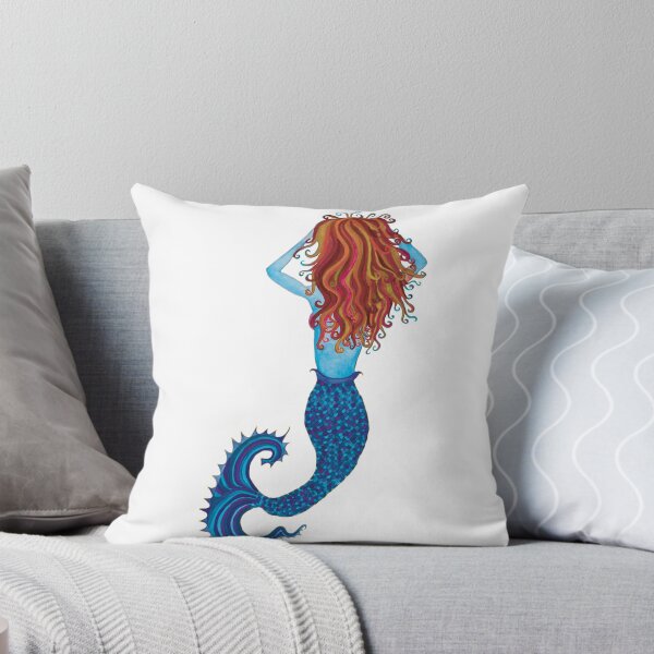Item preview, Red-Orange and Blue Watercolor Mermaid designed and sold by HeatherNafeArt.
