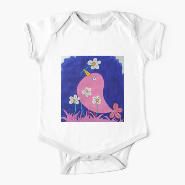 Pink bird with flower in beak Short Sleeve Baby One-Piece