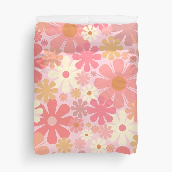 Vintage 60s 70s Flowers Retro Floral Pattern in Blush Pink and Mustard Tones Duvet Cover