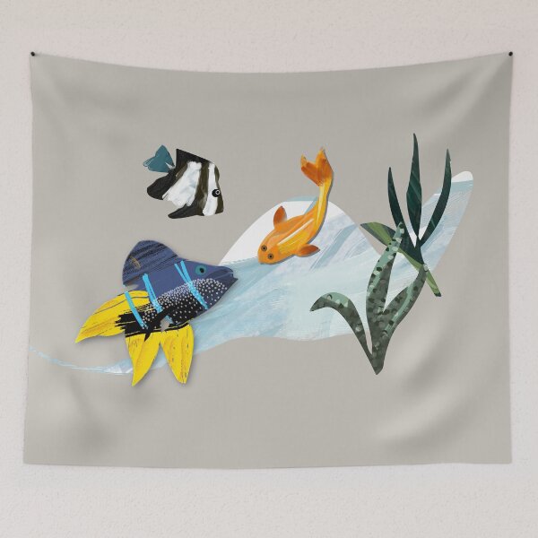 Item preview, Ilustración de paisaje marino de acuario de pecera - peces Bannerfish, koi y damisela designed and sold by Caroline Laursen.