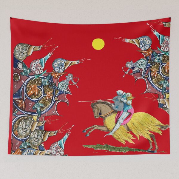 Item preview, WEIRD MEDIEVAL BESTIARY  WAR, KNIGHT HORSEBACK COMBATTING  GIANT SNAILS IN ROYAL RED Collage by Bulgan Lumini designed and sold by BulganLumini.