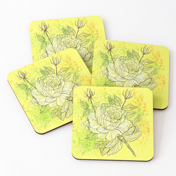 Item preview, White rose with dragonfly seamless pattern on yellow background designed and sold by NinaJayasinghe.