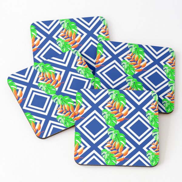 Item preview, Monstera with orange flowers on a geometric pattern designed and sold by Chamaiporn Pangtorn.