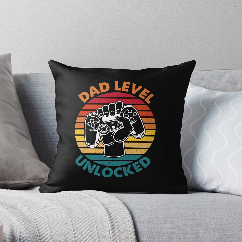 Funny New Dad - Dad Level Unlocked gift - Gaming dad gift - First Time Dad - Father's Day Gift Idea - New Super Dad Announcement gift Throw Pillow