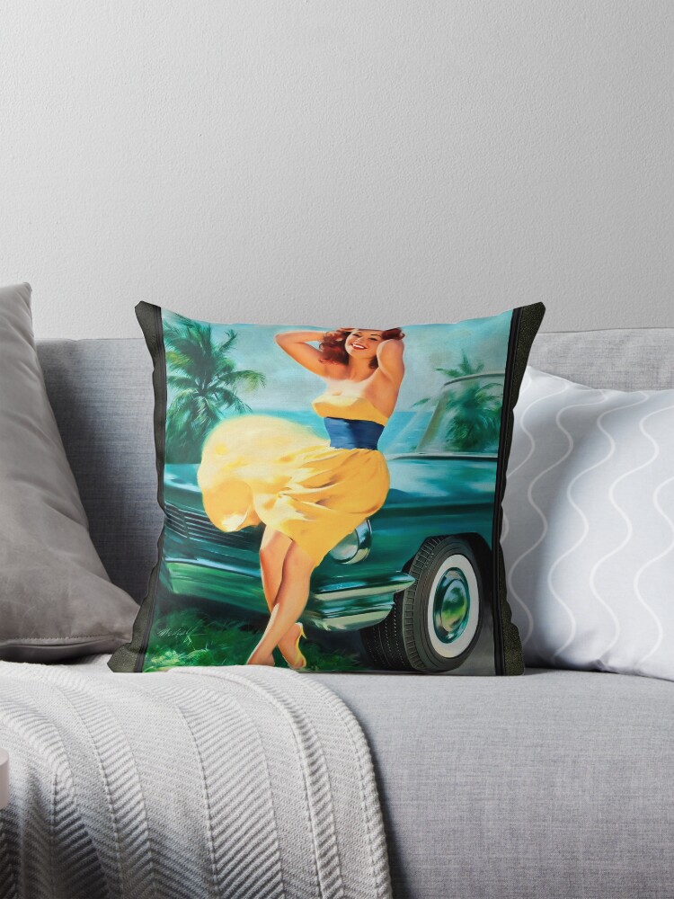 Pin-up In Yellow Dress by Bill Medcalf Pin-Up Girl Vintage Art Decorative Art Print Throw Pillow