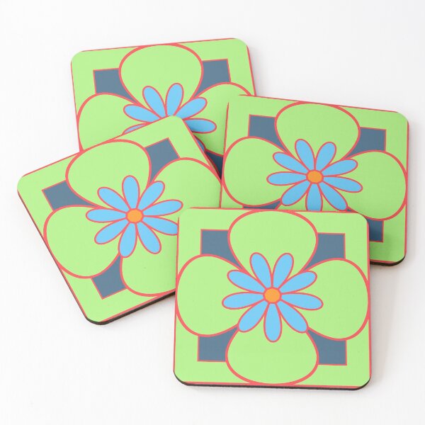 Item preview, Beautiful floral tile design, light green, sky blue and red on dusty blue designed and sold by Susan Marie Williams.