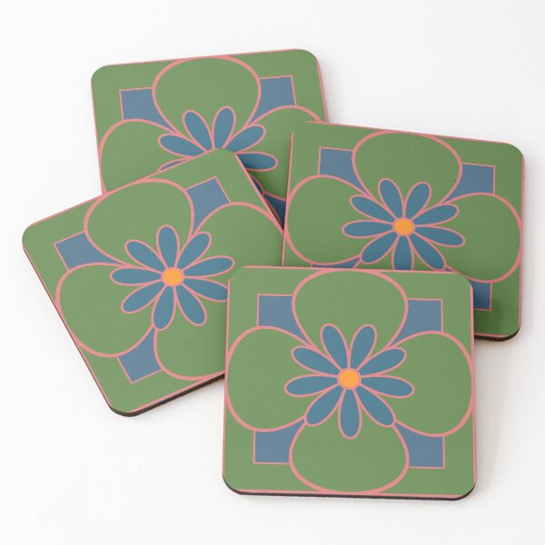 Item preview, Beautiful floral tile design, grass green, coral and dusty blue designed and sold by Susan Marie Williams.