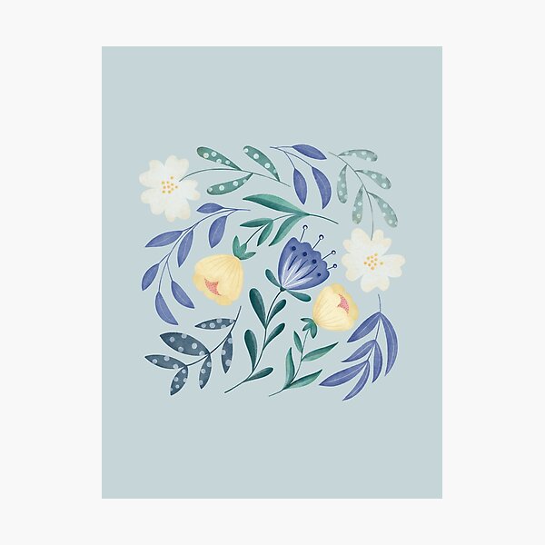 Folk Art, Flores Amarillas, Lila Azulado y Blancas, Flores Silvestres de Primavera Lámina fotográfica