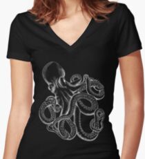 Octopus White Line Art Women's Fitted V-Neck T-Shirt