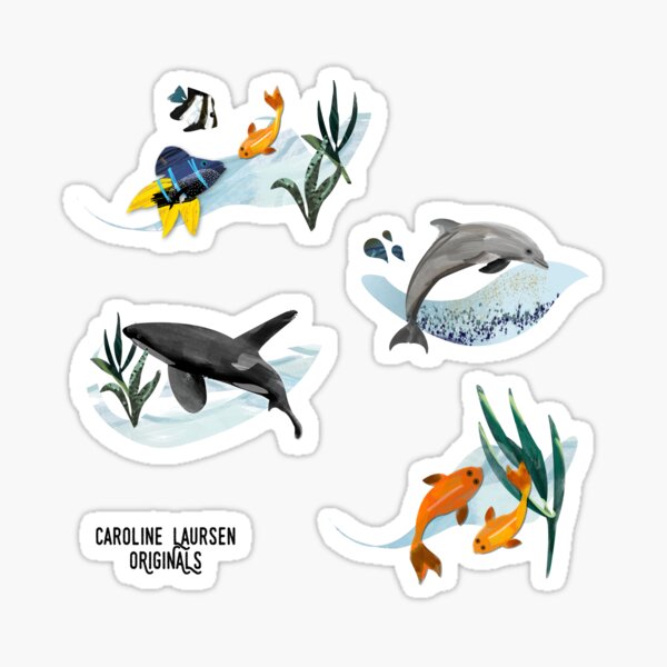ORIGINALS - Ocean life sticker pack #1. Bottlenose Dolphin, Orca Killer Whale, Koi, Damsel fish illustration art. Sticker