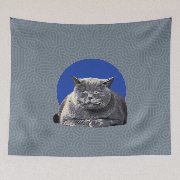 Item preview, Sleepy cat on blue and grey background graphic design art designed and sold by forziati design.