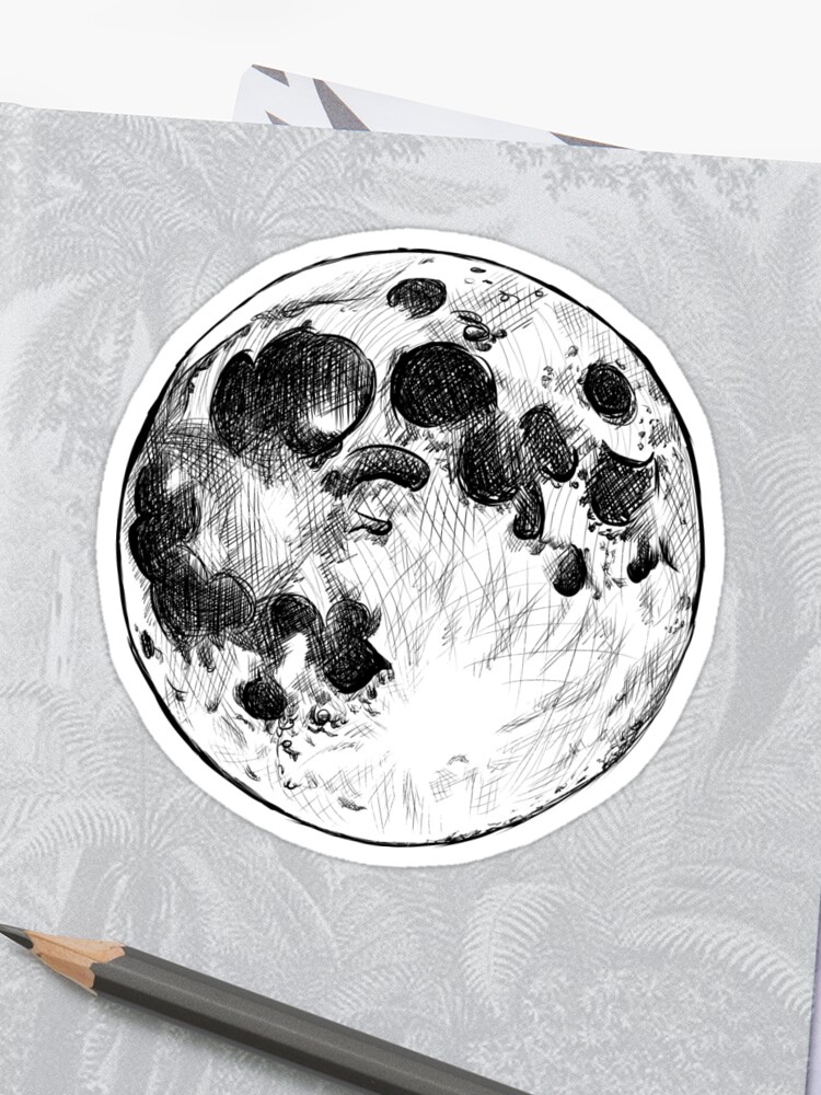 Full Moon Realistic Cross Hatched Drawing Sticker By Suspendeddreams