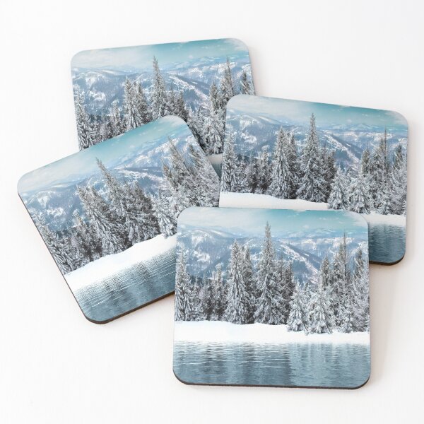 Item preview, Dreamland snow pine mountains, teal blue pure lake, white, winter landscape  designed and sold by August-E.