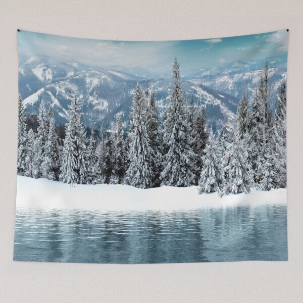 Item preview, Dreamland snow pine mountains, teal blue pure lake, white, winter landscape  designed and sold by August-E.