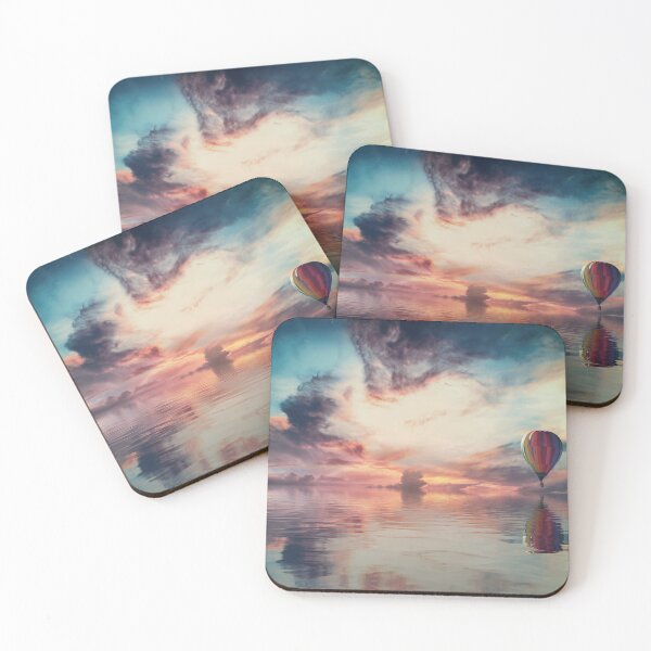 Artikelvorschau, Illusion visions, shaded clouds, dark sky, balloon, sunset by lake, orange, pink, peach, teal, turquoise entworfen und verkauft von August-E.