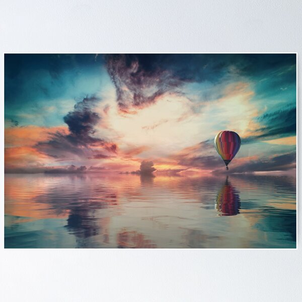 Artikelvorschau, Illusion visions, shaded clouds, dark sky, balloon, sunset by lake, orange, pink, peach, teal, turquoise entworfen und verkauft von August-E.