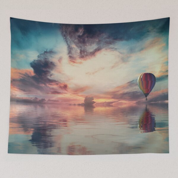 Artikelvorschau, Illusion visions, shaded clouds, dark sky, balloon, sunset by lake, orange, pink, peach, teal, turquoise entworfen und verkauft von August-E.