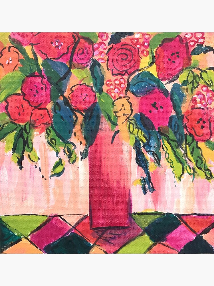 Pink & Green Vase of Flowers Art Print by KarenBrake