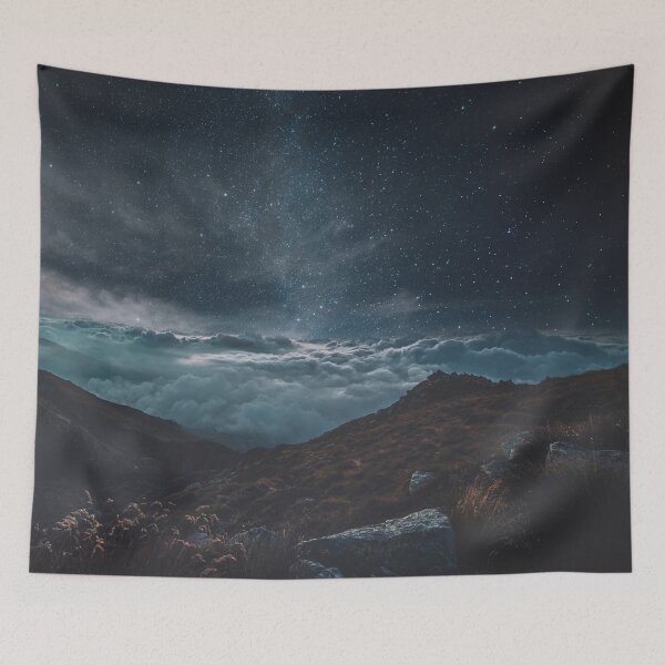 Item preview, Aurora black mountains, shiny starry midnight dark sky, dark blue, above the clouds hills designed and sold by August-E.