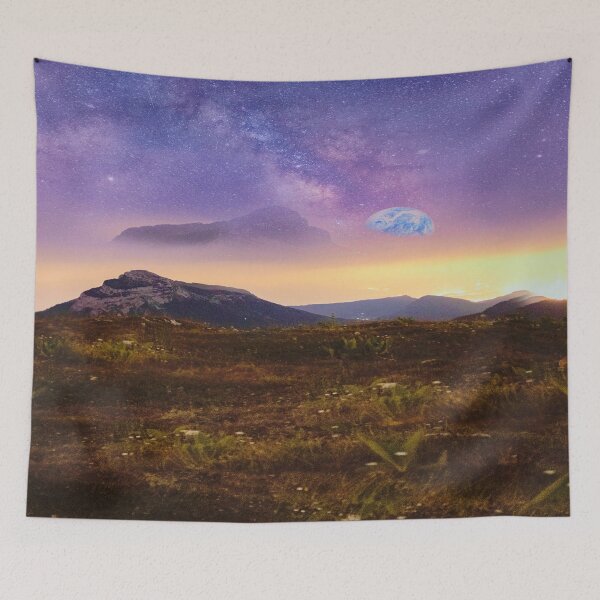 Item preview, On the mars, Futuristic illusion, fantasy land, meadow mountains, shiny galaxy sky, wild grassland, green plains forest designed and sold by August-E.